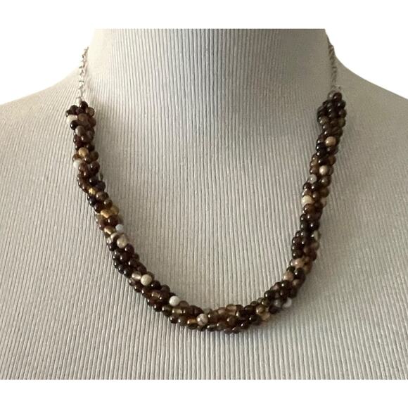 JTV New Chocolate Brown Banded Agate Knitted Necklace Sterling Silver NIB Box - Picture 1 of 6
